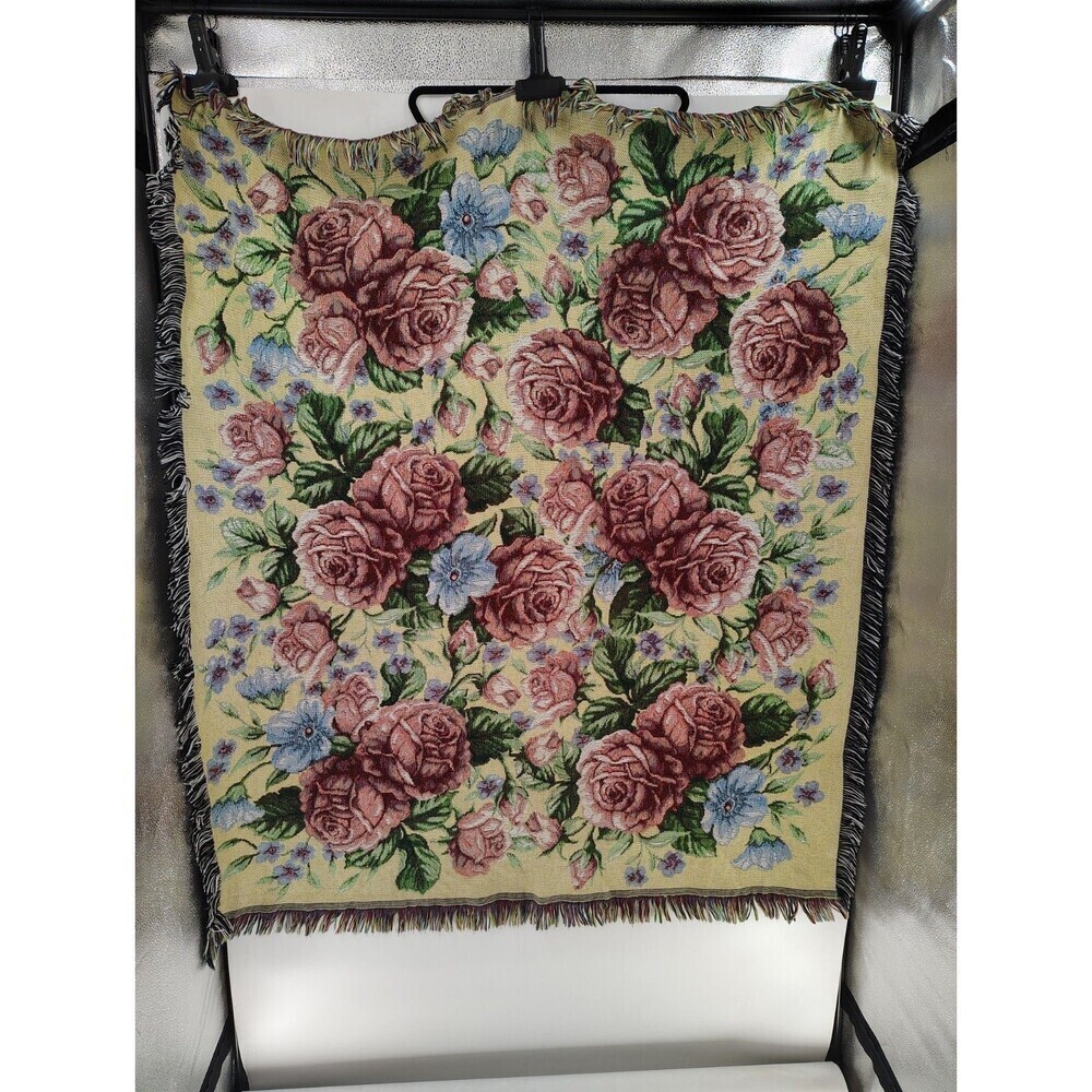 Vintage Large Floral Design Fringed Woven Cotton Tapestry Throw Blanket 49x54"